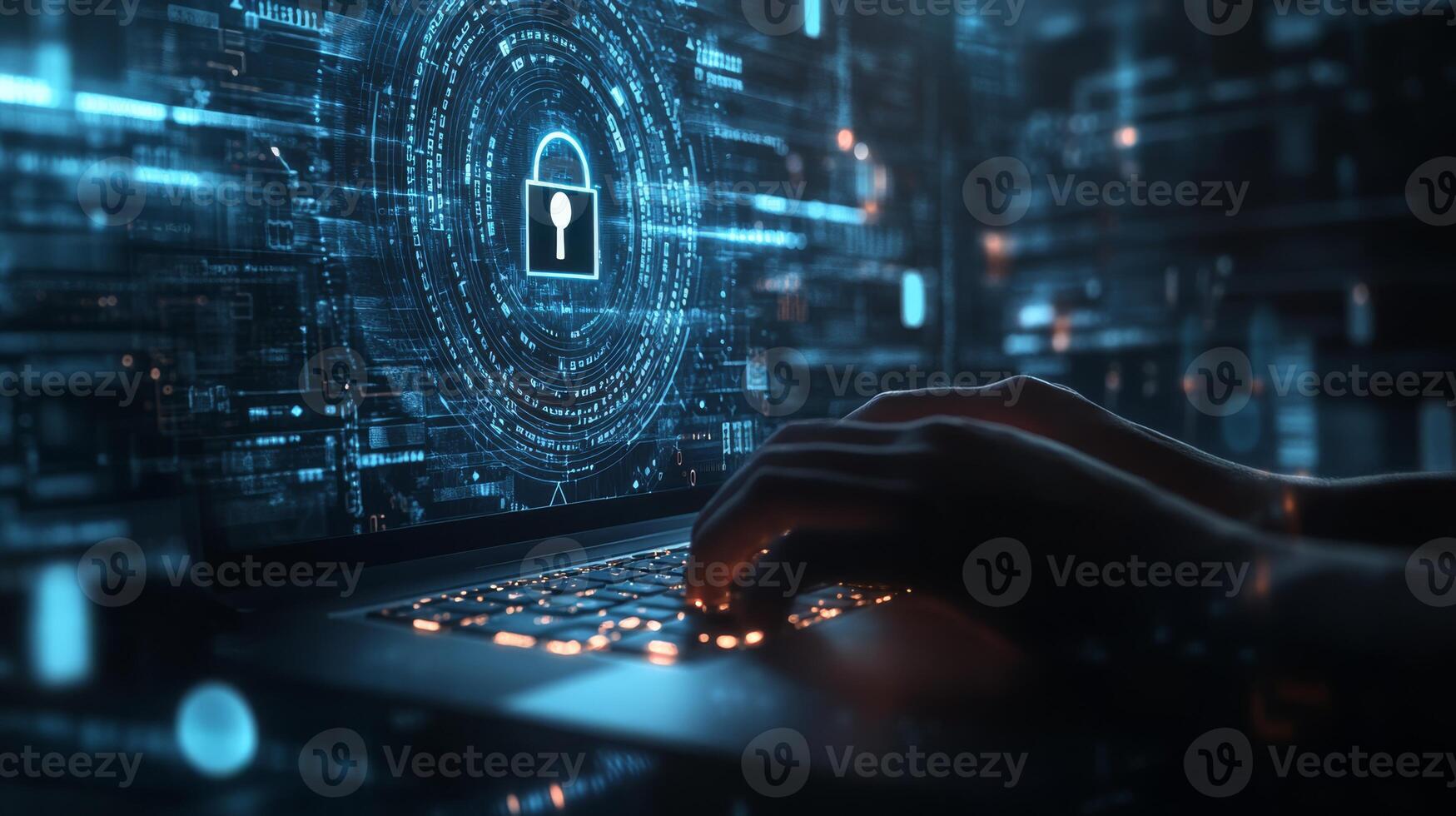 A skilled cyber security expert focuses on data protection, cloud computing, and network security, highlighting the importance of remote work in safeguarding sensitive digital information photo