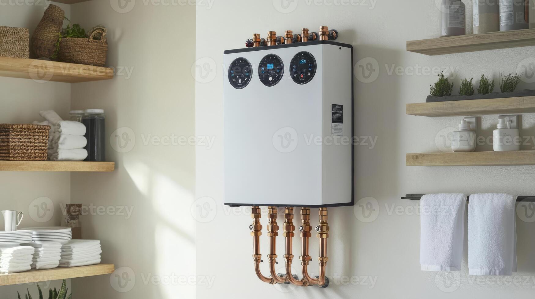 A sleek tankless water heater is installed on a clean basement wall, featuring copper pipe connections that enhance functionality and aesthetics, resulting in a tidy utility space photo