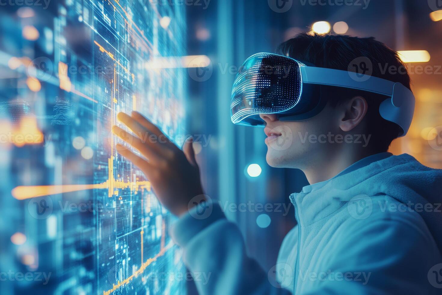A dedicated school student explores interactive learning using a VR headset and advanced AI technology, significantly enhancing the educational experience with innovative tech advancements photo