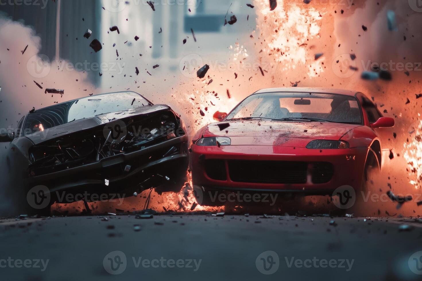 In a thrilling scene, two vehicles crash spectacularly, showcasing highspeed action and visuals that immerse the audience in the chaos, excitement, and adrenaline of this unforgettable moment photo