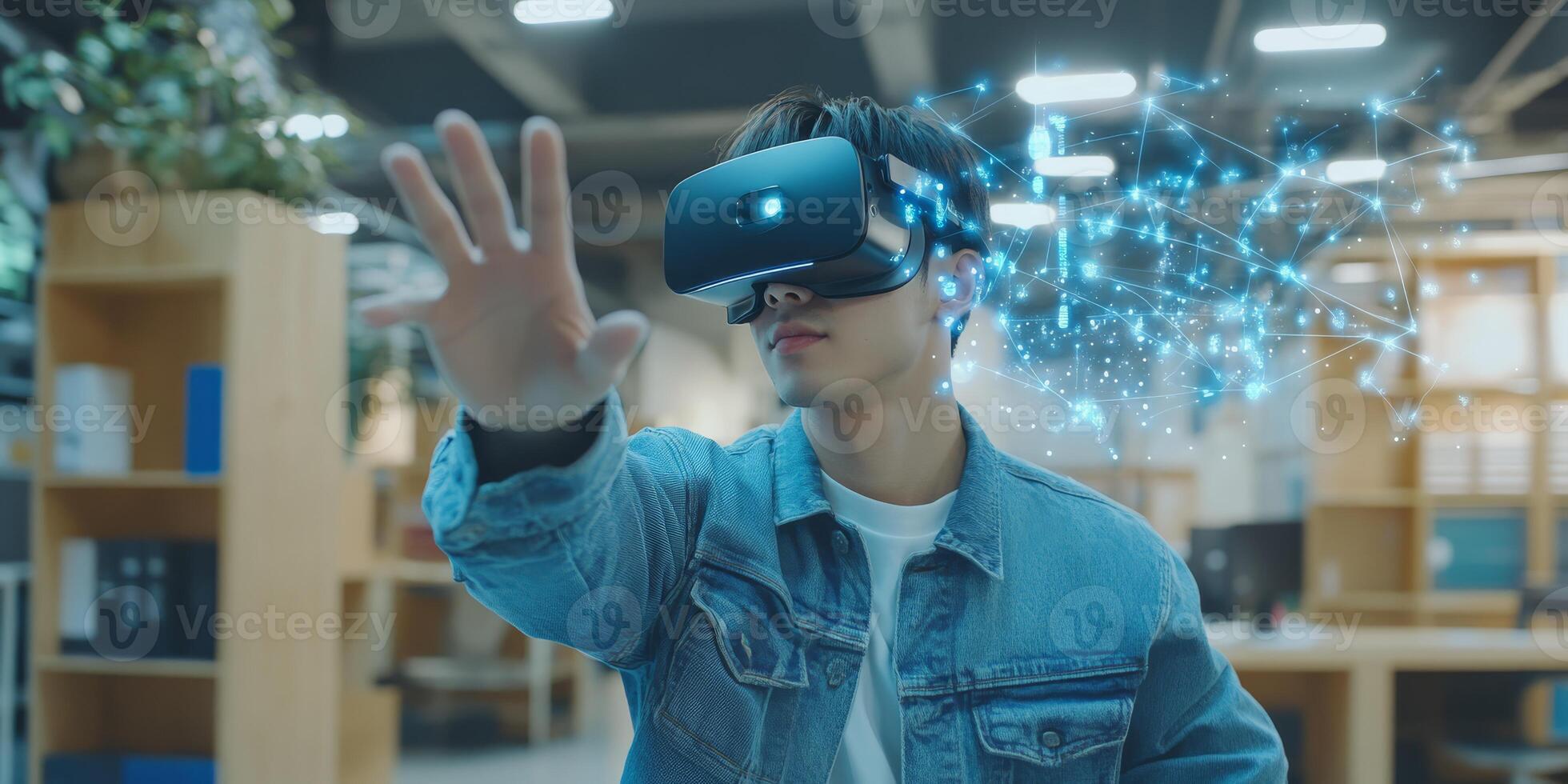 A curious student dives into virtual reality during class, using AI and holograms to enhance their education and engage in immersive, interactive learning experiences that captivate their interests photo