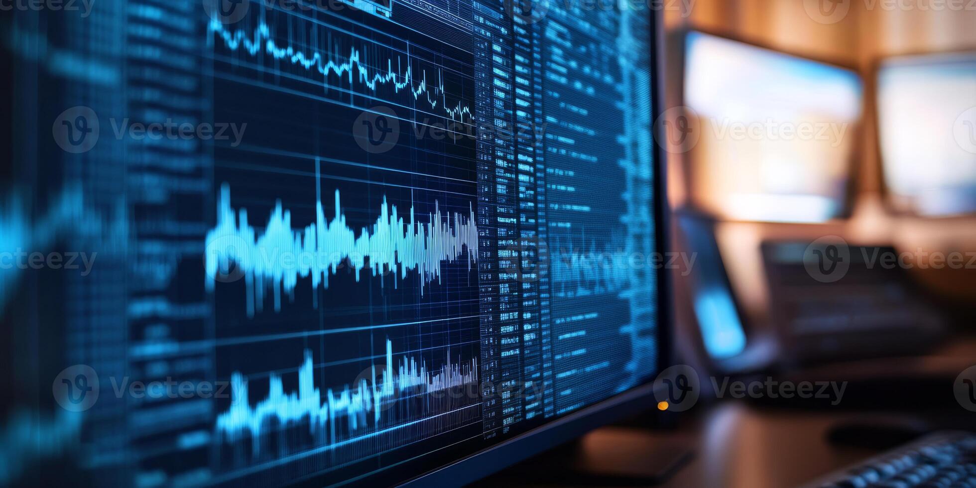 A closeup of a highresolution digital seismograph shows detailed earthquake data on a monitor, highlighting waveform patterns and seismic analysis essential for understanding seismic activities photo