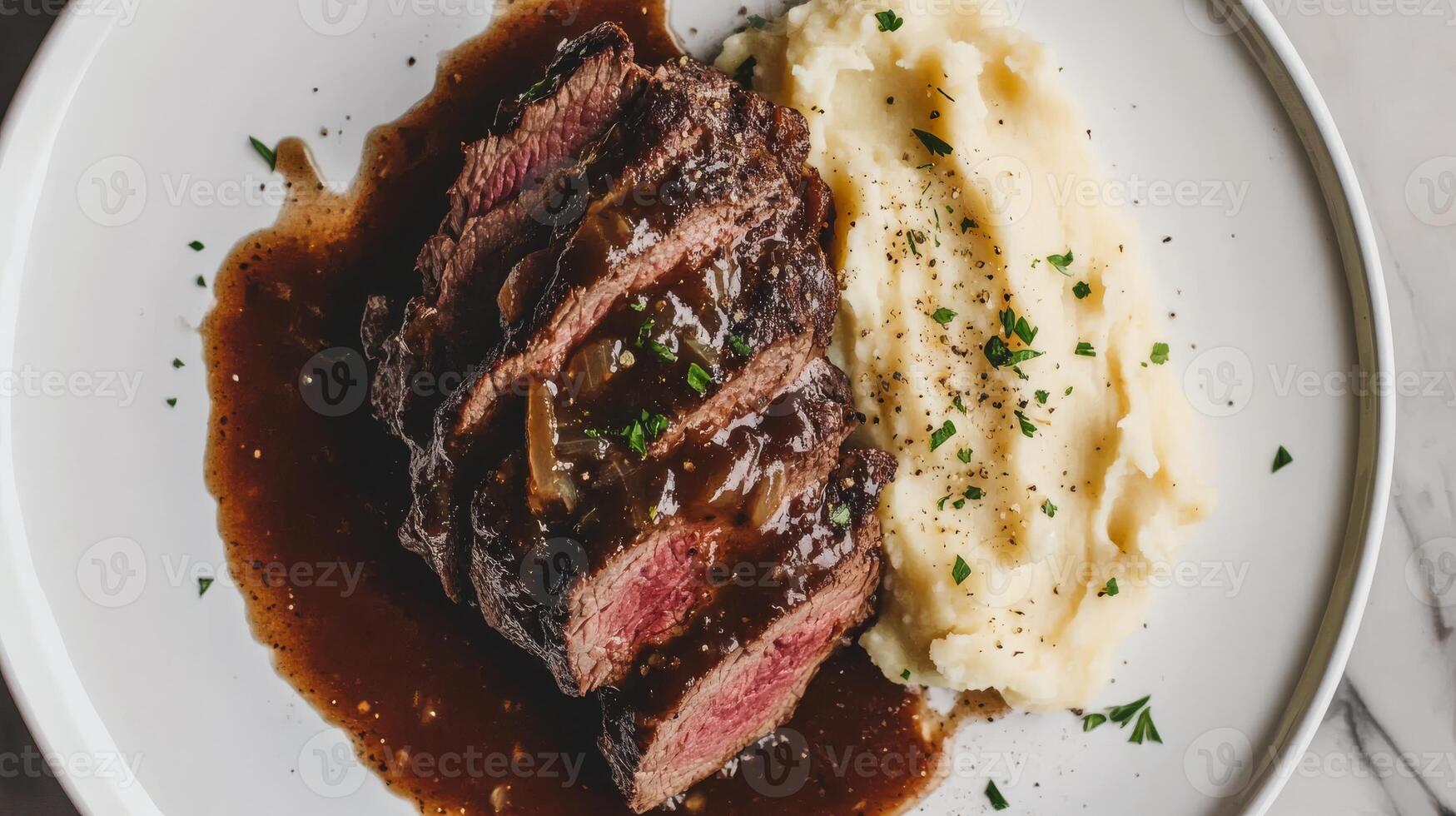 Savor this absolutely mouthwatering and delicious roast beef that is generously served with rich demi glace gravy, alongside creamy mashed potatoes, making it the perfect choice for a hearty meal photo