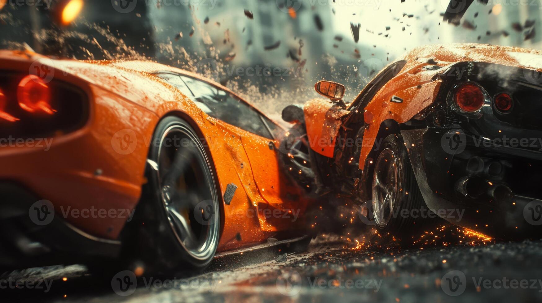 In a wideangle shot, a captivating moment unfolds as two vibrant orange cars collide against a lively urban backdrop, showcasing the thrilling intensity of this unforgettable event photo