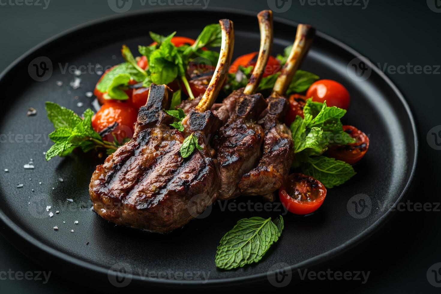 Indulge in the delightful taste of succulent lamb chops, skillfully paired with fresh mint and a vibrant summer salad, creating the perfect meal option for anyone following a ketogenic diet photo