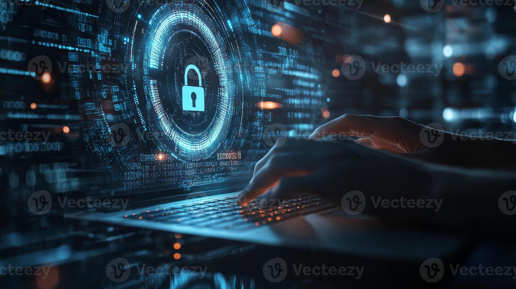 A skilled cyber security expert works remotely to ensure data safety, using advanced cloud computing and technology to provide enhanced protection against various potential threats photo