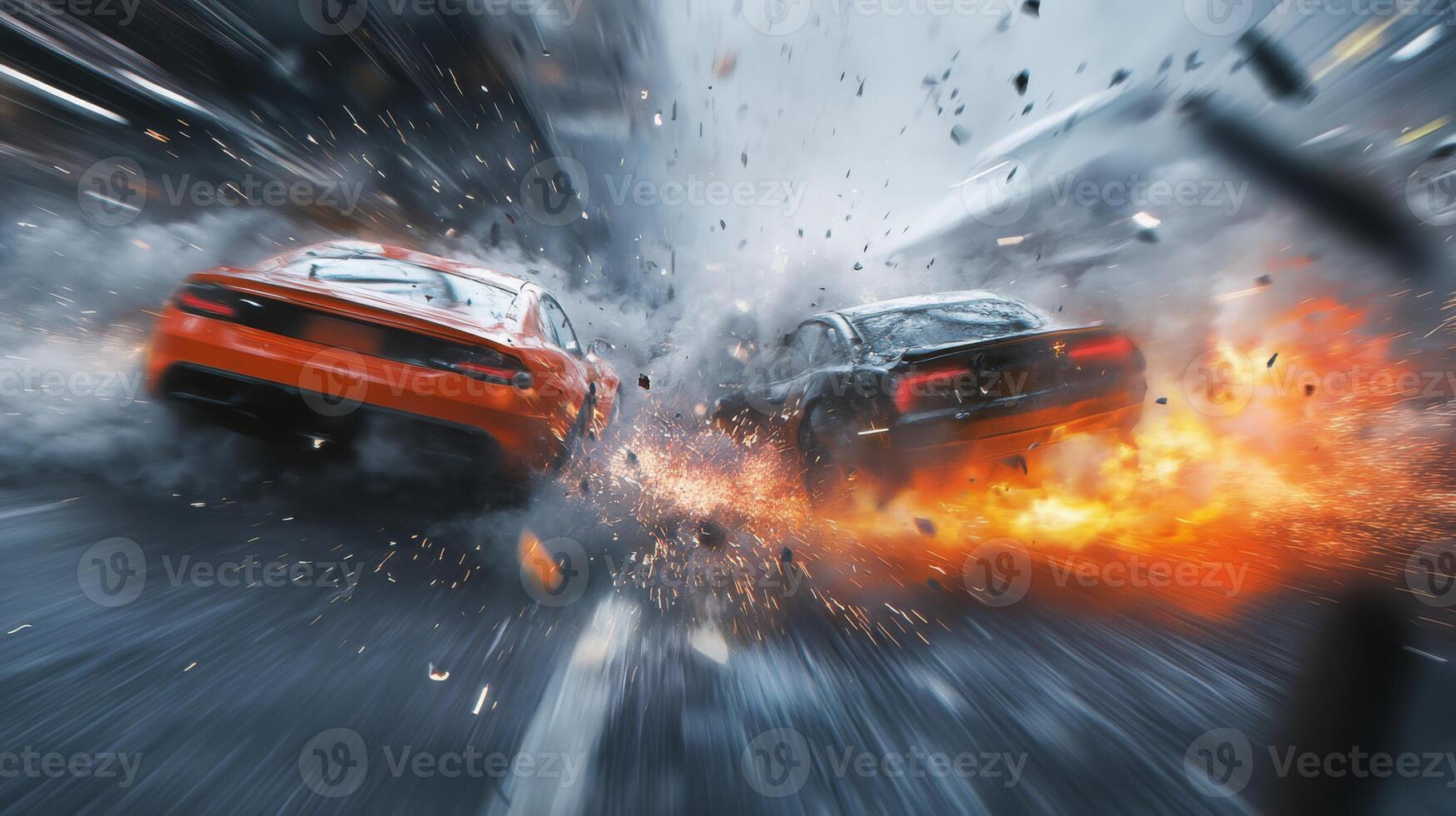 An actionpacked and thrilling scene featuring two fast cars dramatically colliding with an intense impact, surrounded by eyecatching effects and motion blur that heightens the excitement photo
