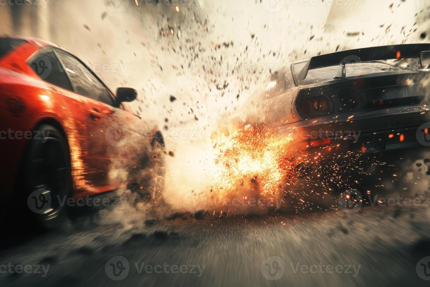 An exhilarating wideangle shot captures two highspeed cars colliding in a dramatic explosion, vividly showcasing the intensity of racing and the adrenaline rush of heartpounding action photo