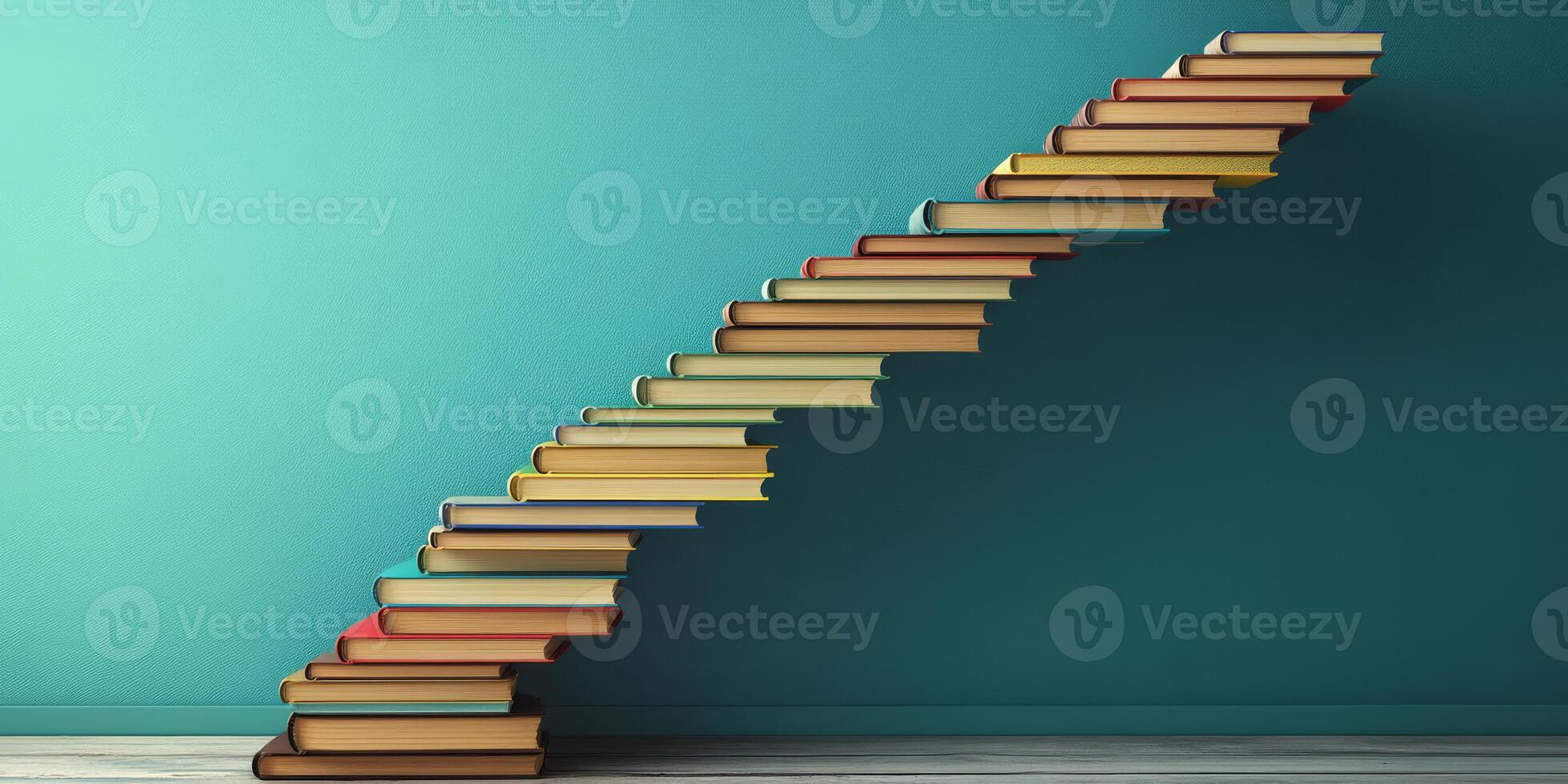 Books that are meticulously arranged to resemble a staircase symbolize the continuous journey of learning and represent the endless quest for knowledge that we all embark upon throughout life photo