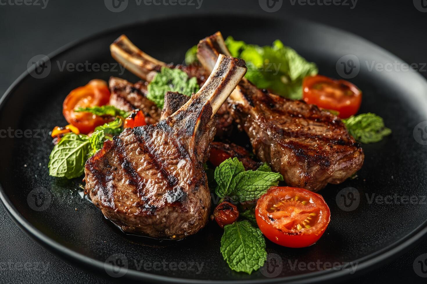 Savor delicious and savory lamb chops beautifully garnished with fresh mint and paired with a refreshing summer salad. This mouthwatering dish is perfect for both ketogenic dieters and meat lovers photo