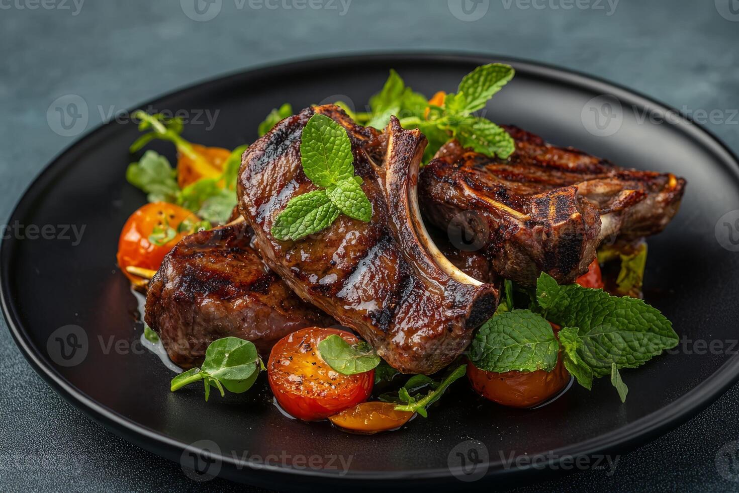 Enjoy tender lamb chops garnished with fresh mint, paired with a vibrant summer salad. This delicious dish is also a great ketogenic option for those who appreciate highquality meat photo