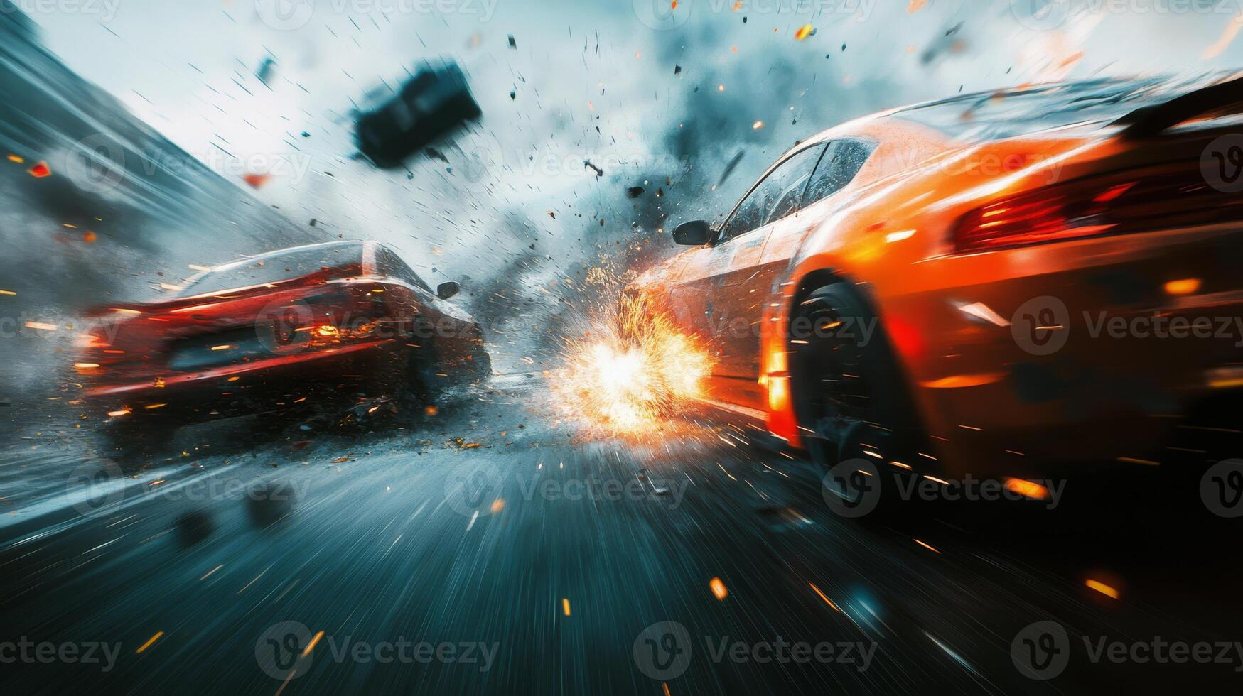 A wideangle shot captures the intense moment of two cars crashing, surrounded by flying debris and explosive effects, emphasizing the speed and chaos of the scene, creating a gripping experience photo
