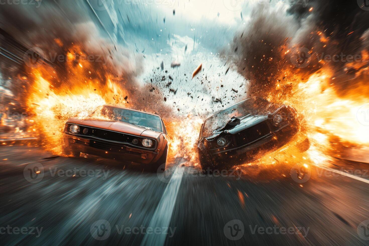 A wideangle shot captures two highspeed cars colliding dramatically, creating an explosive spectacle filled with highoctane action and intense visual effects, immersing the audience in excitement photo