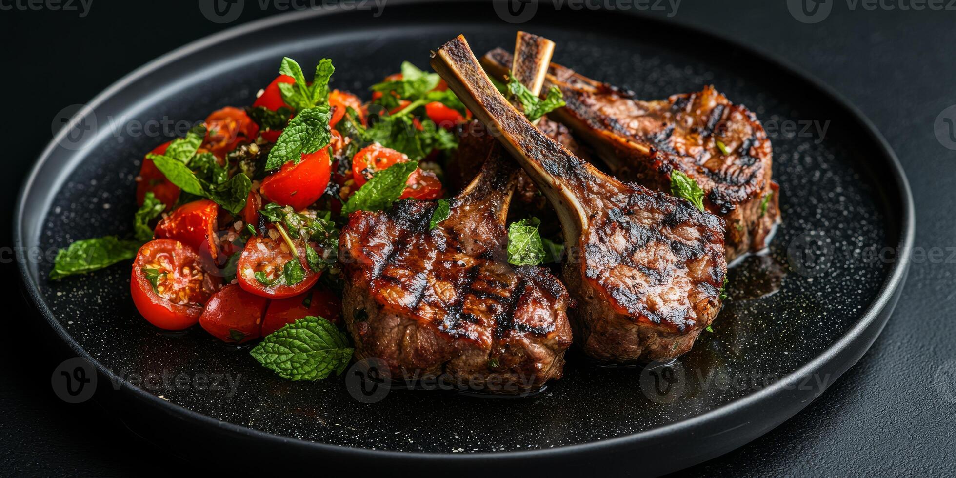 Enjoy tender lamb chops paired with a refreshing summer salad of juicy cherry tomatoes and mint, perfect for the ketogenic diet. This mouthwatering dish is a musttry for warm months photo