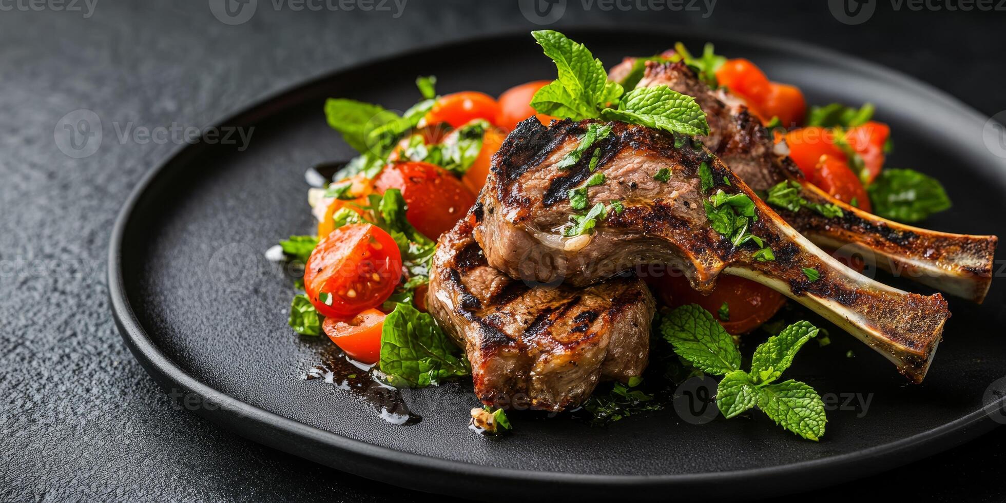 Indulge in the succulent taste of juicy lamb chops, elegantly complemented by a vibrant, fresh summer salad and aromatic mint, an ideal meal choice that aligns perfectly with a ketogenic diet photo