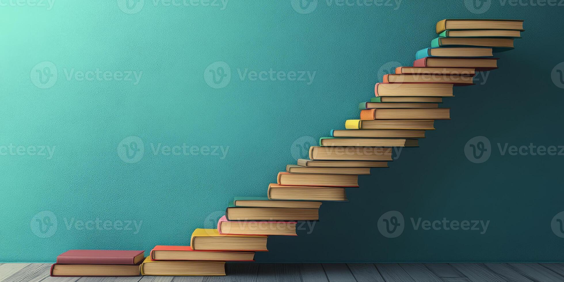 A visual of stacked books in a steplike formation symbolizes the journey of knowledge and continuous learning, presented through an abstract design that stimulates thought and imagination photo