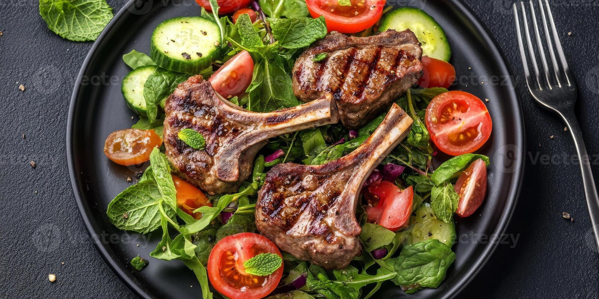 Indulge in the rich and savory flavors of succulent lamb chops, beautifully paired with refreshing fresh mint and a vibrant summer salad, which is perfect for anyone following a ketogenic diet photo