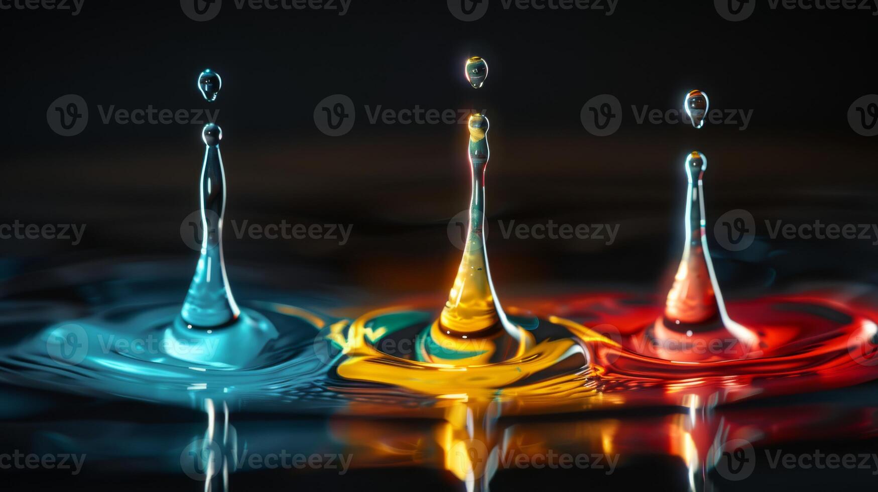 Vibrant colored water droplets in dynamic motion, perfectly captured in high definition against a dark background photo