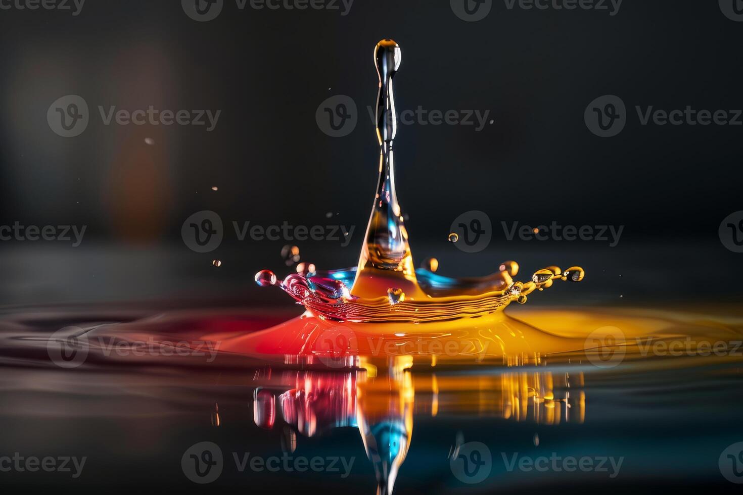 A beautiful water drop splash in motion with vibrant light reflections, capturing artistic and colorful essence photo