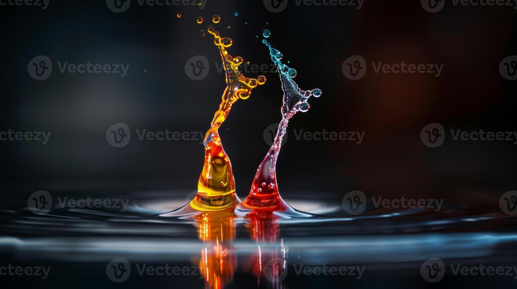A dynamic photo capturing colorful water droplets colliding, creating a dramatic splash with vivid colors
