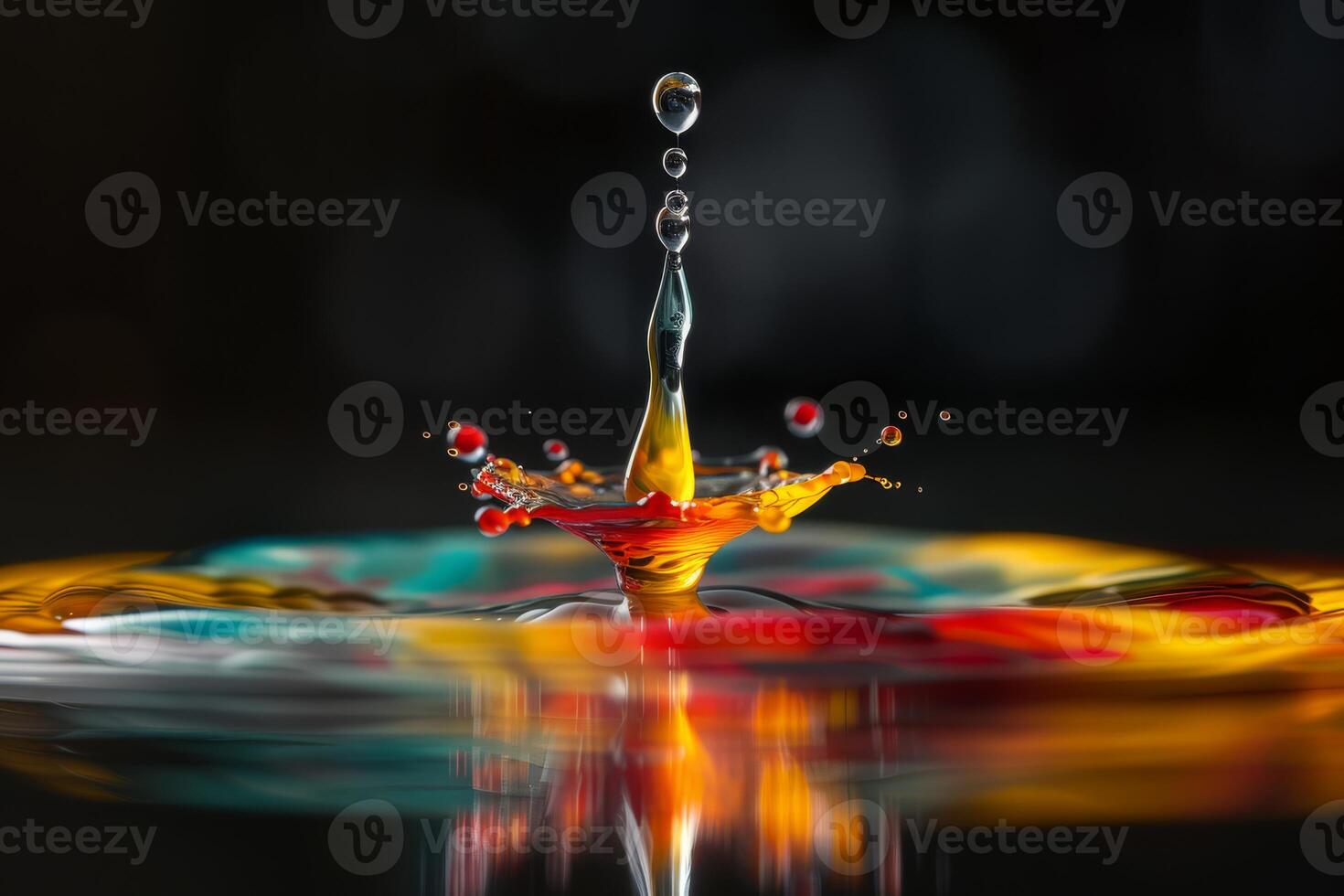 A high-speed shot of a colorful water drop collision creating vibrant splashes on a reflective surface. photo