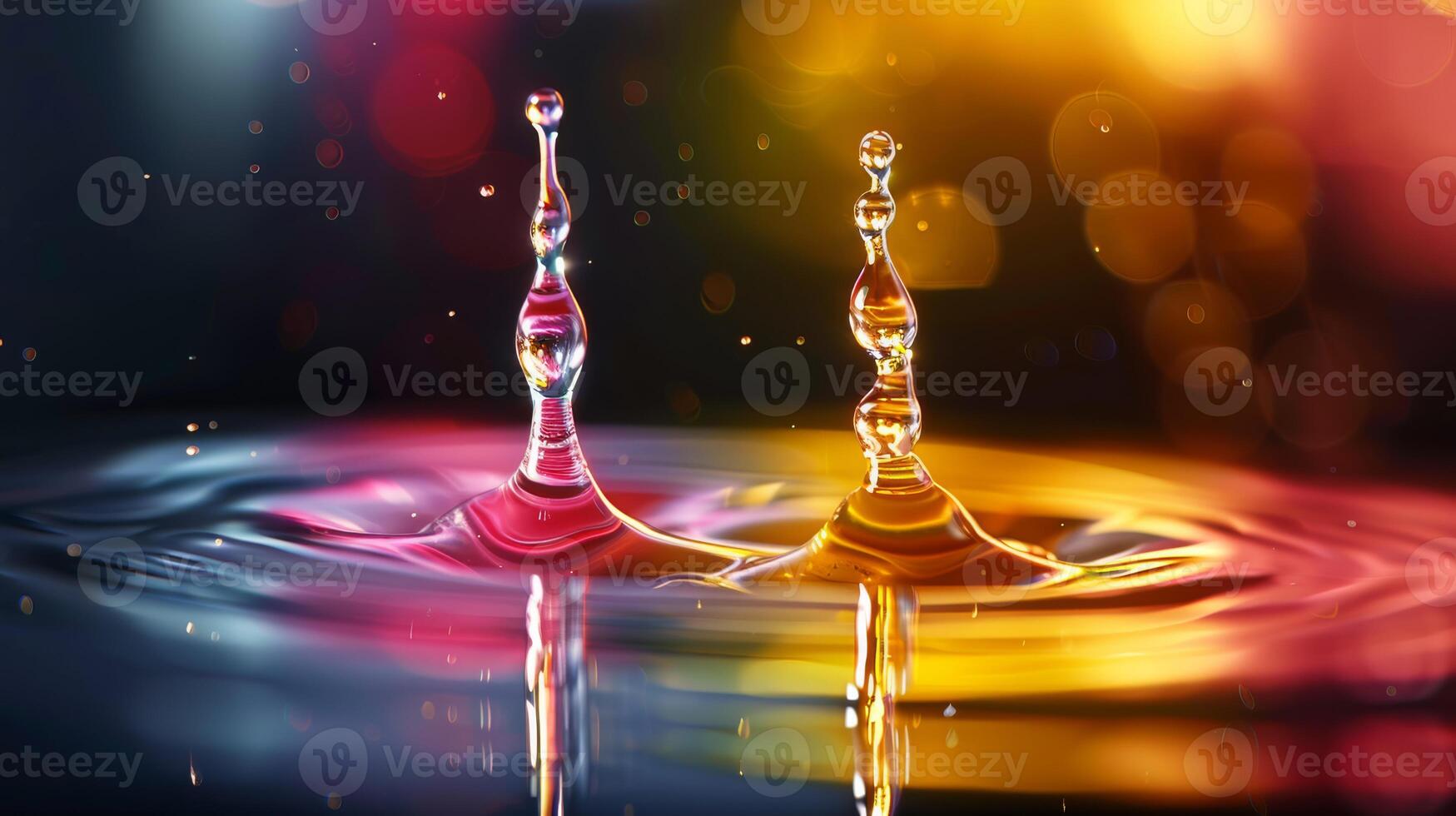Closeup image of colorful water droplets in motion under vibrant lighting creates visually stunning composition photo