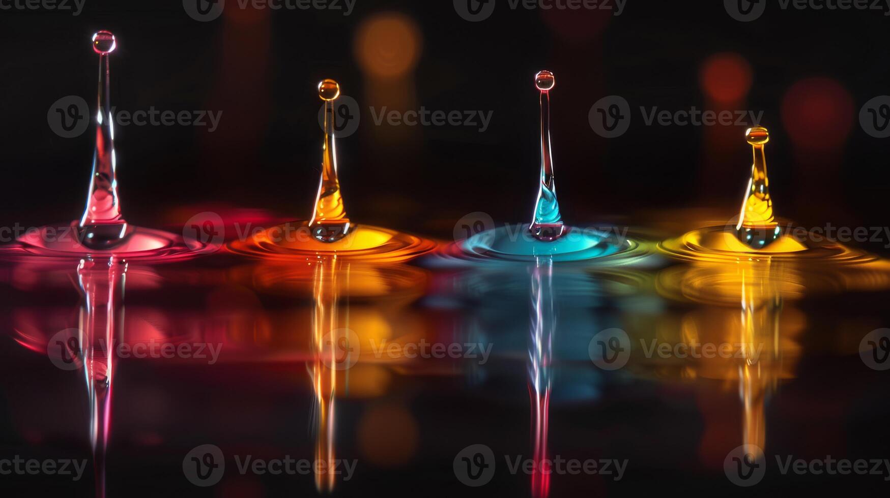 Vivid water droplets in motion reflecting on a dark surface with vibrant colors and shining textures photo