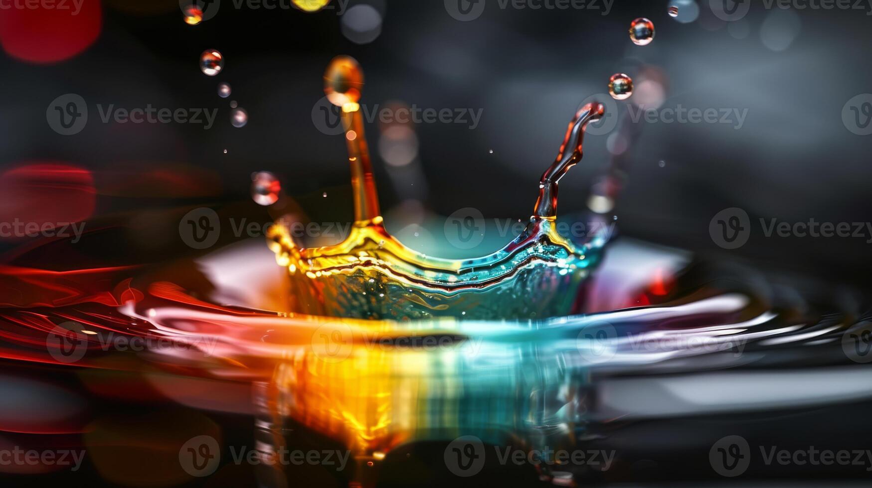 A beautiful highspeed image captures a colorful water splash on a dark backdrop, creating a dynamic and vibrant scene photo