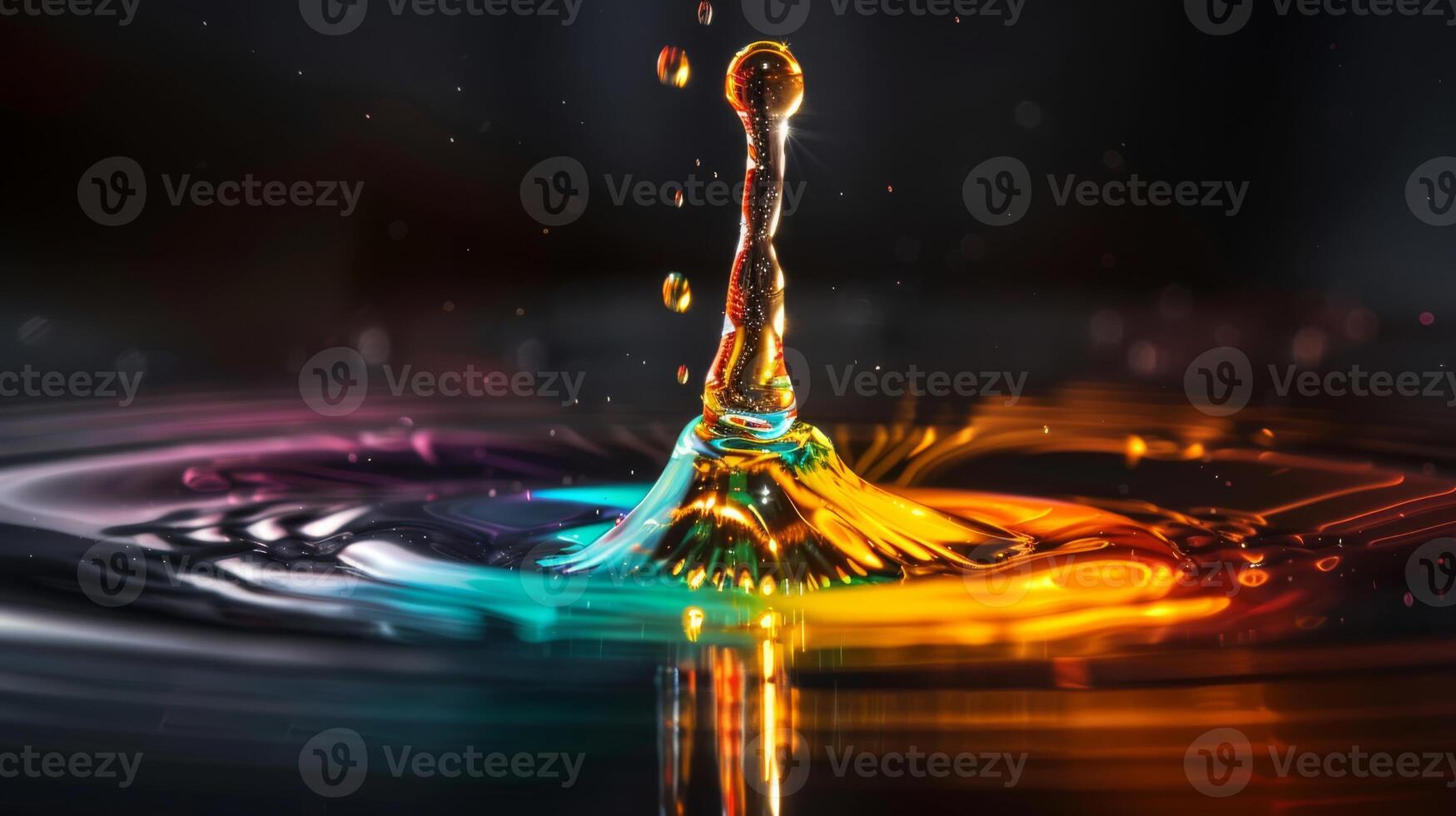 Mesmerizing close-up of a colorful water splash captured mid-air, highlighting vibrant, swirling hues. photo
