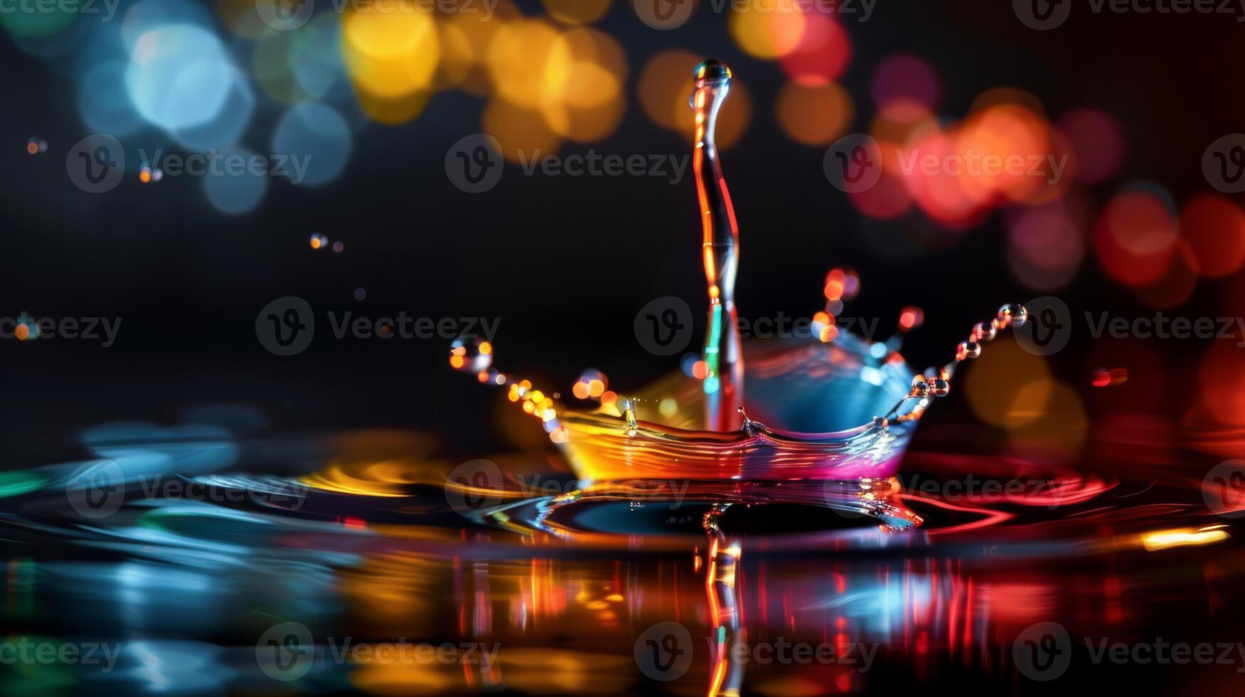 The water splash is dynamic and colorful, set against a bokeh background, capturing motion and vibrancy photo