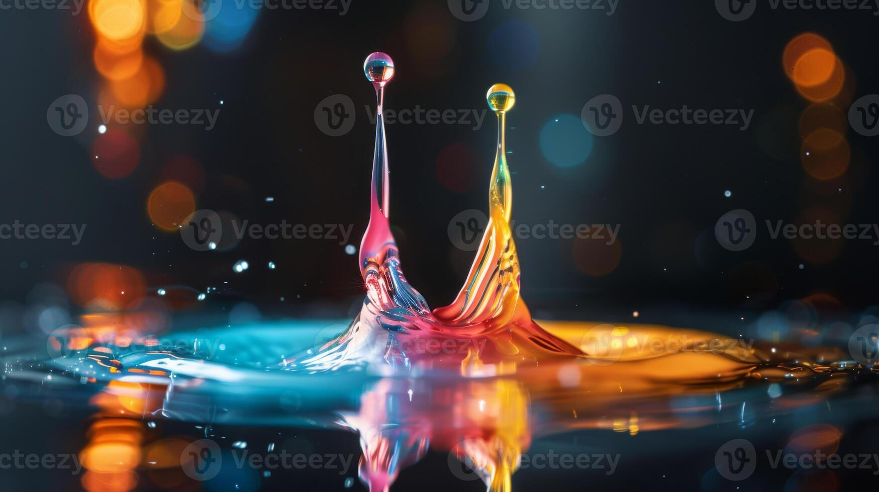 Dynamic image of colorful water splashes captured in high-speed photography with vibrant, blurred lights in background. photo