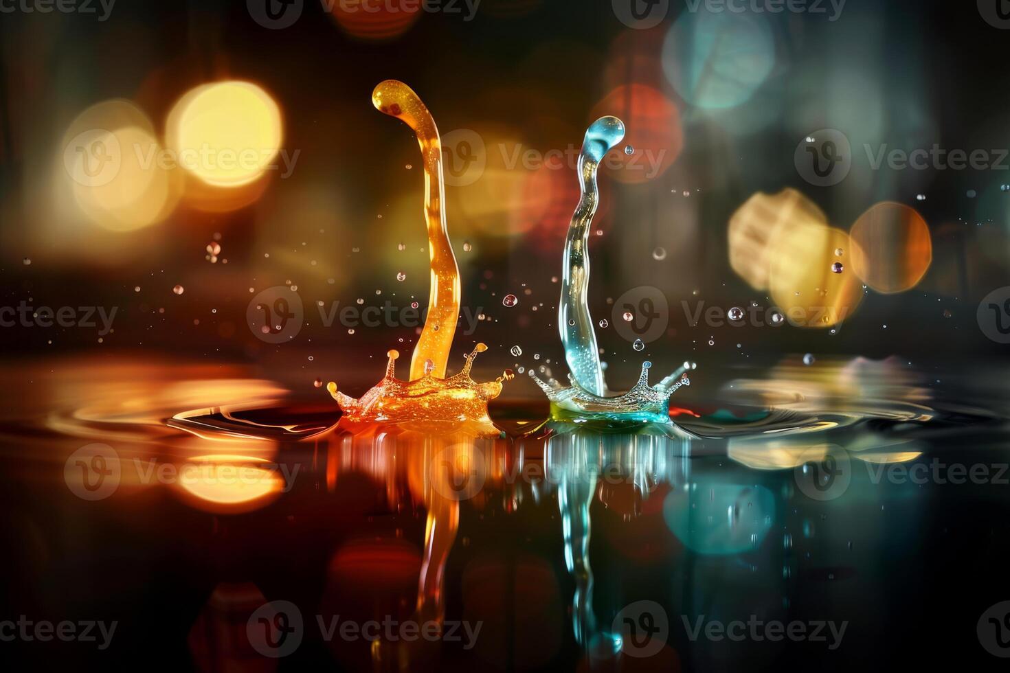 Vibrant liquid splashes with bokeh lights make a stunning backdrop for artistic designs, offering dynamic visual appeal photo