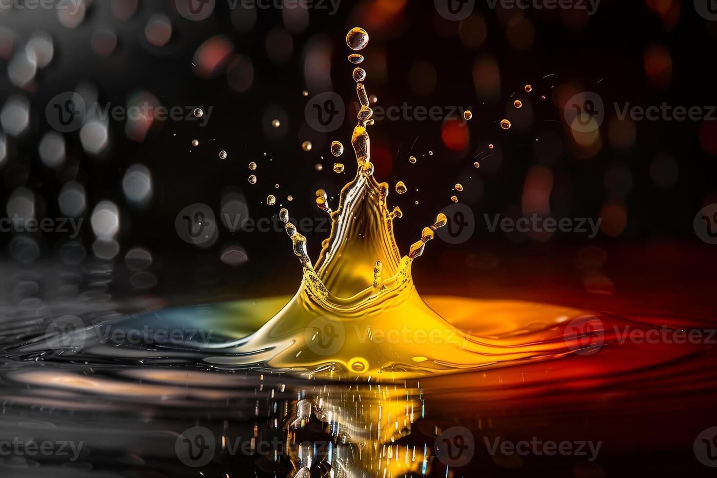 High-resolution image of a vibrant water droplet splash with multi-colored lighting on a dark backdrop. photo