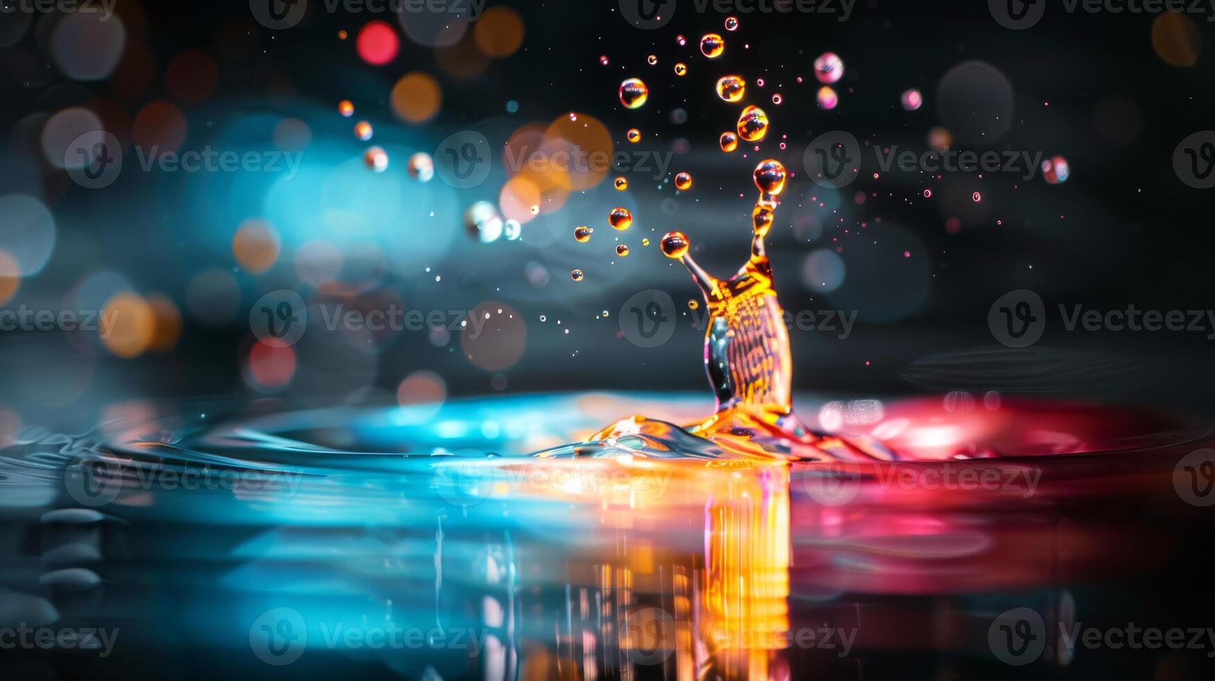 Stunning capture of a colorful water splash against a vibrant, bokeh-filled background in low light. photo