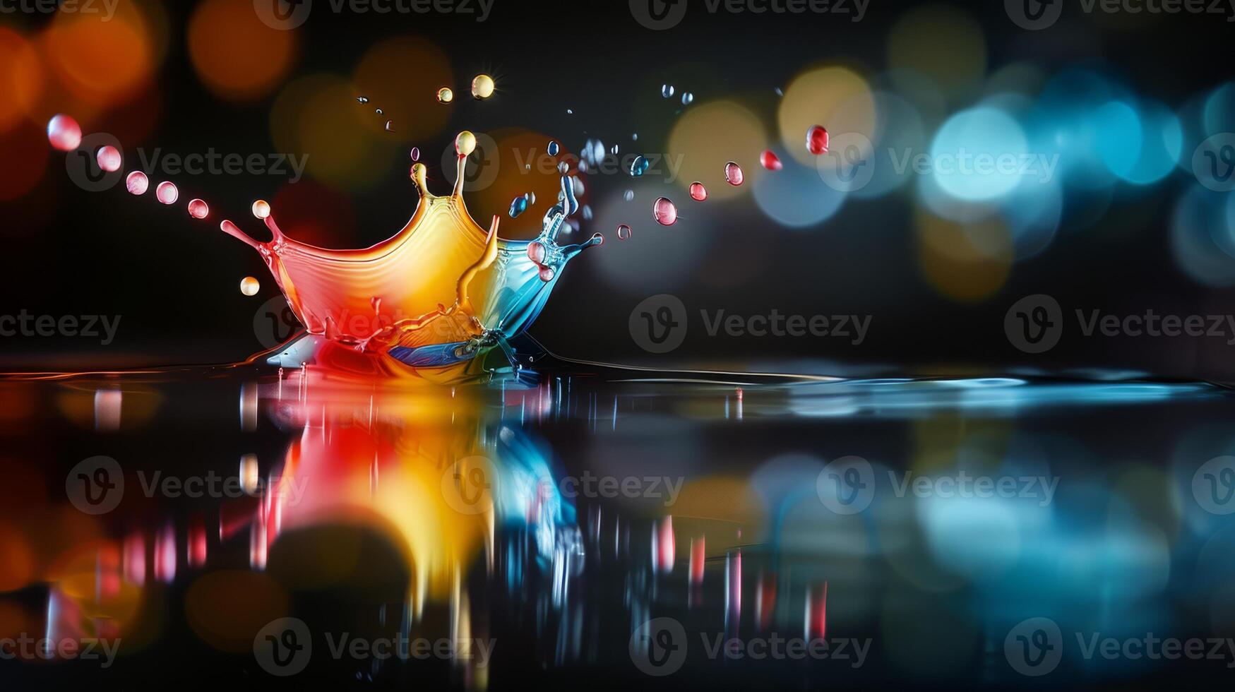 Dynamic photo of a water droplet creating a colorful splash with bokeh light effects in the background.