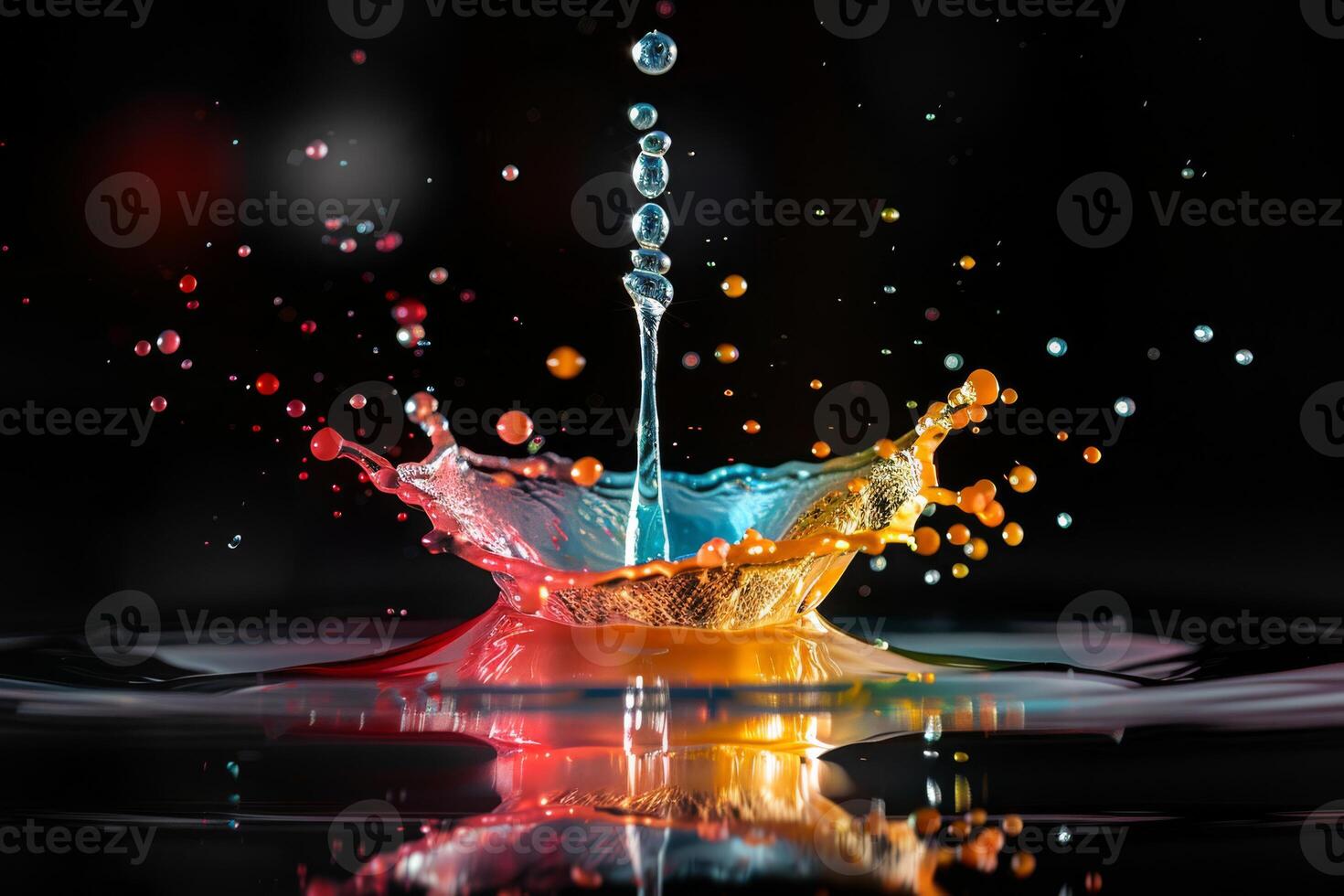 A vibrant liquid splash is suspended in midair, adorned with colorful droplets and reflecting stunningly photo