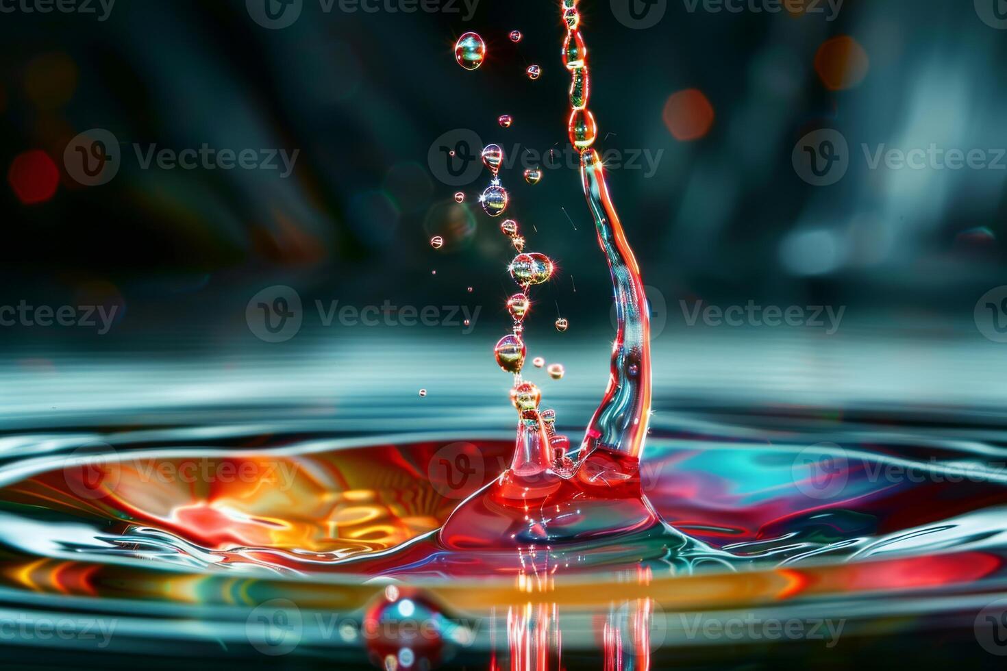 A vibrant macro photo capturing a water droplet creating a mesmerizing splash with colorful reflections