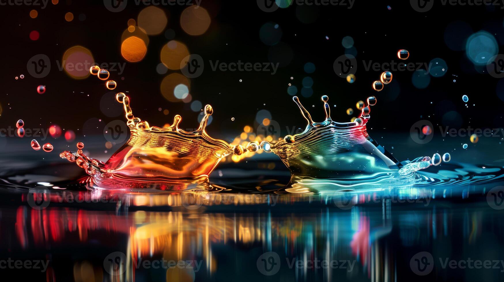 Dynamic water splashes frozen in motion collide with bokeh lights, creating artistic abstract image photo