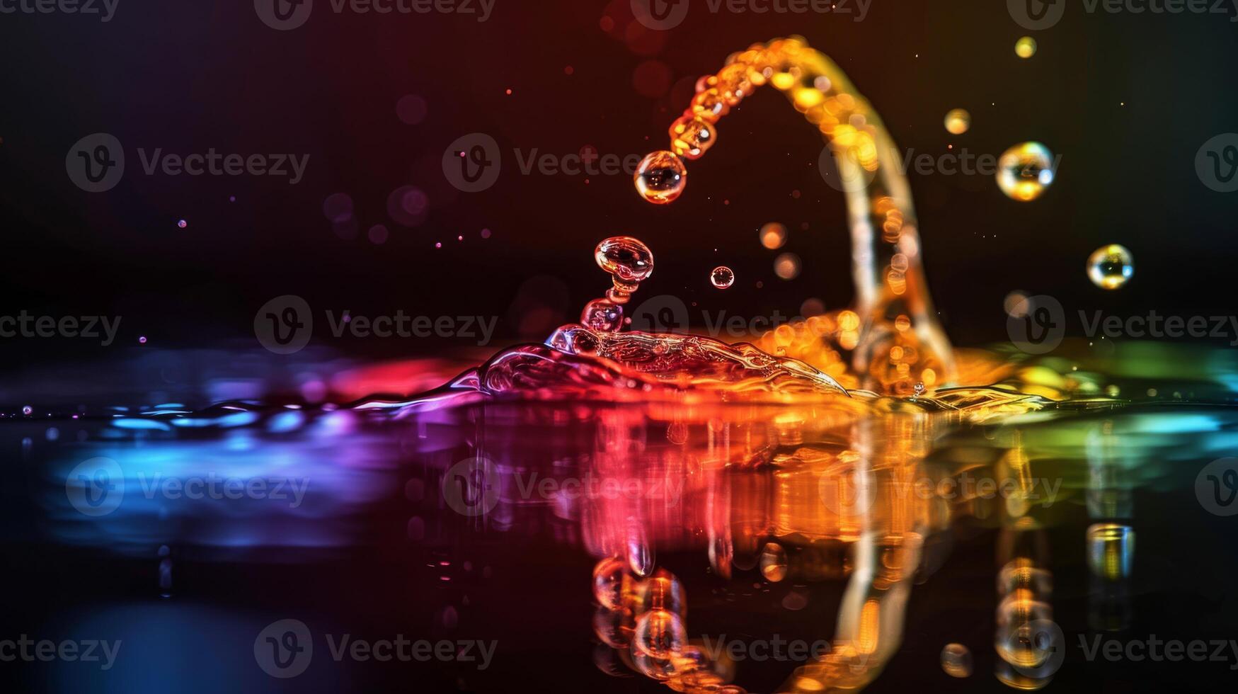 Vibrant water splash creating stunning rainbow effects and reflections captured in high-speed photography. photo