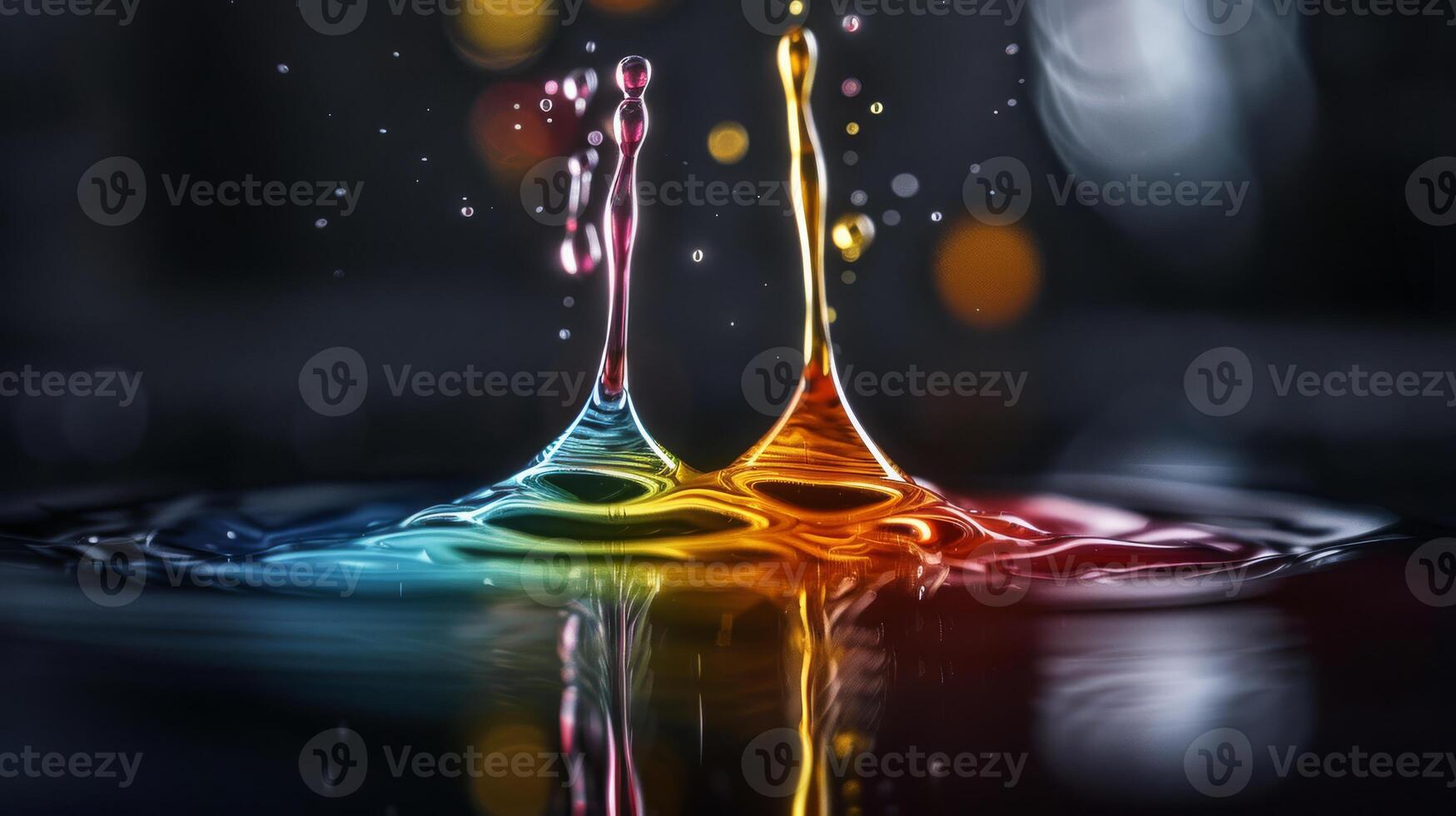 Vibrant and dynamic splash of colorful liquid droplets captured in motion against a dark background. photo