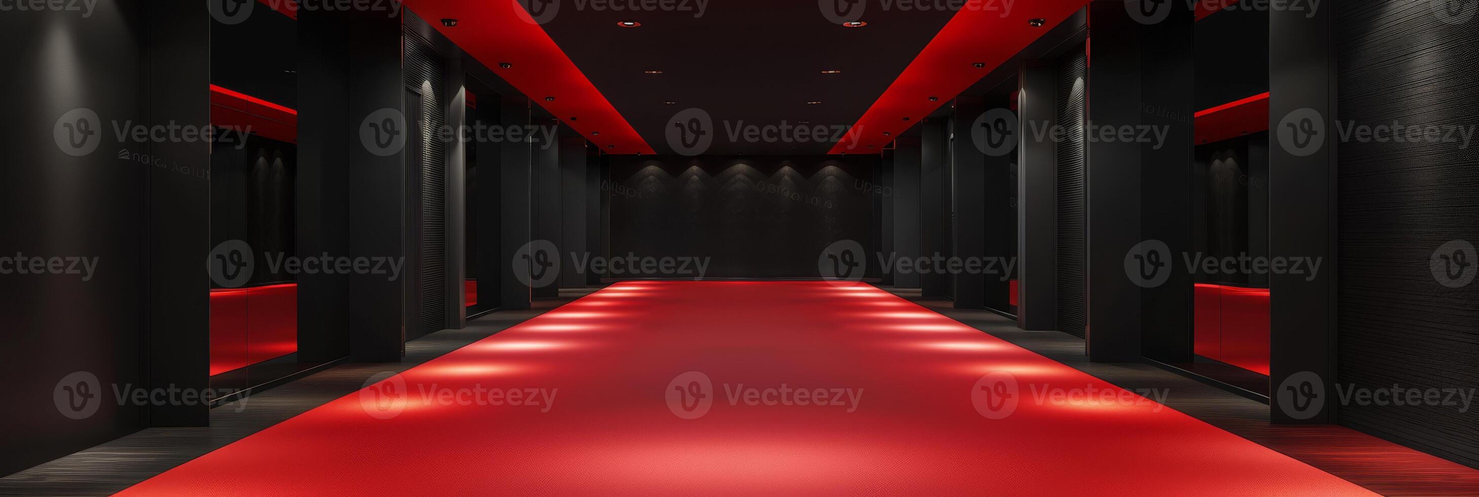 Sleek red and black hallway featuring dramatic lighting and modern design elements, perfect for architecture. photo