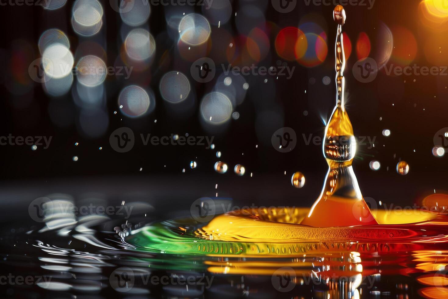 Photo captures water droplet making splash with reflections, against bokeh background in closeup shot