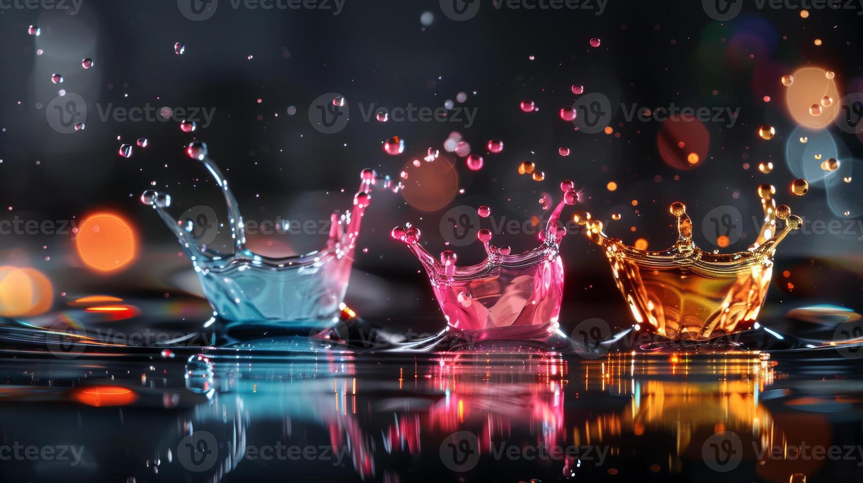 A dynamic image featuring colorful water splashes in motion, displaying blue, pink, and orange droplets photo