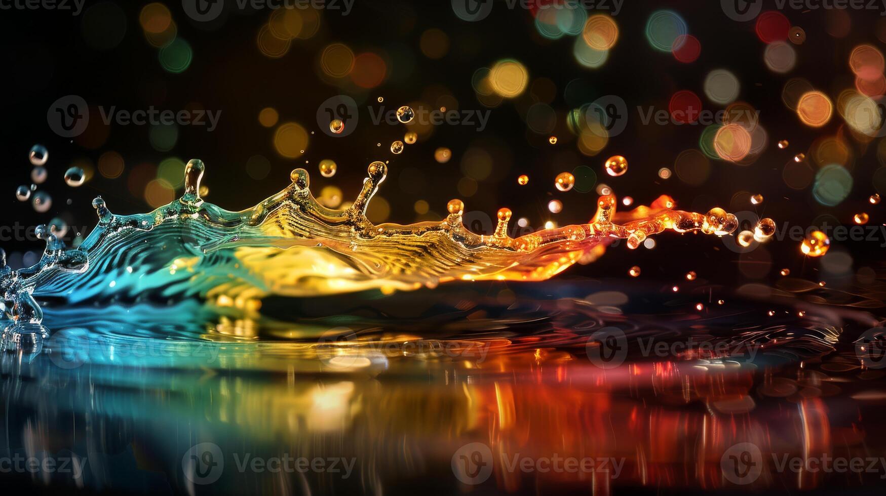 A vivid depiction of a colorful water splash with bokeh background in high definition is showcased in this artwork photo