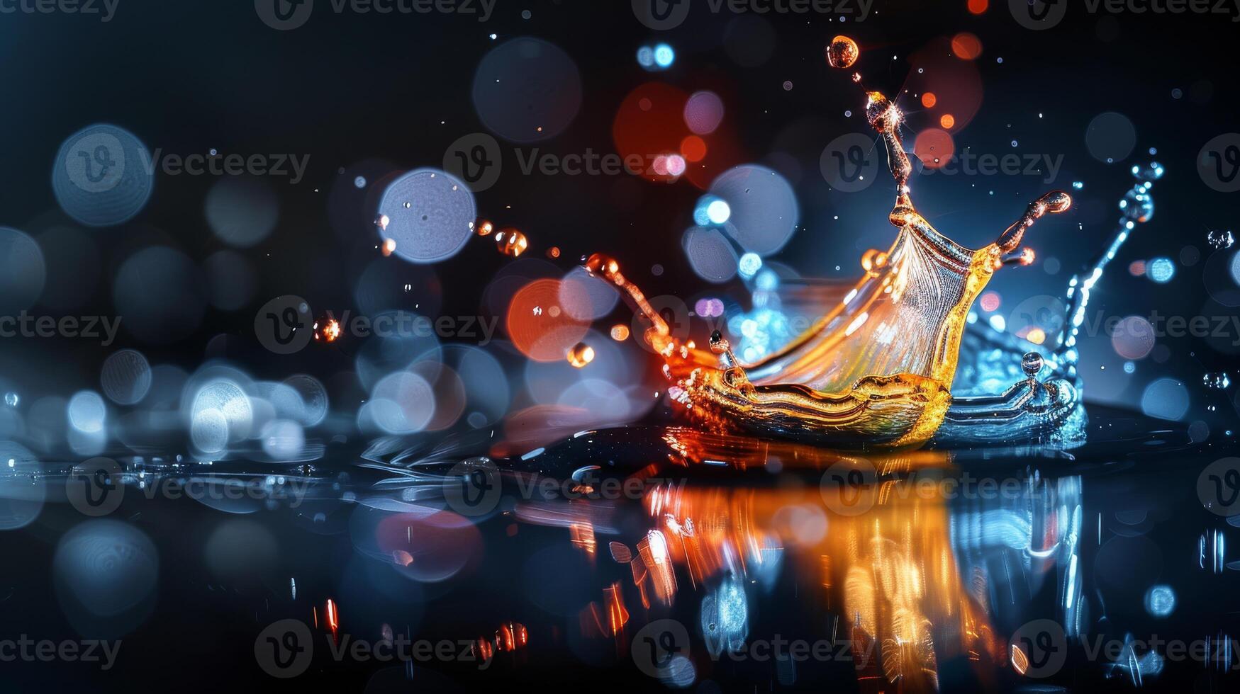 Abstract image of colorful water splash and bokeh lights, capturing motion and energy in a vibrant scene. photo