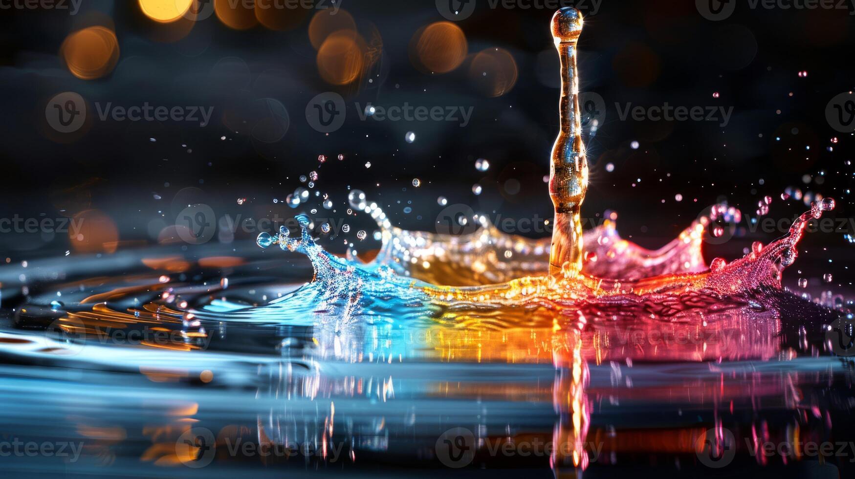 Capturing a highspeed photo of colorful water splash with bokeh lights creates a mesmerizing and beautiful scene