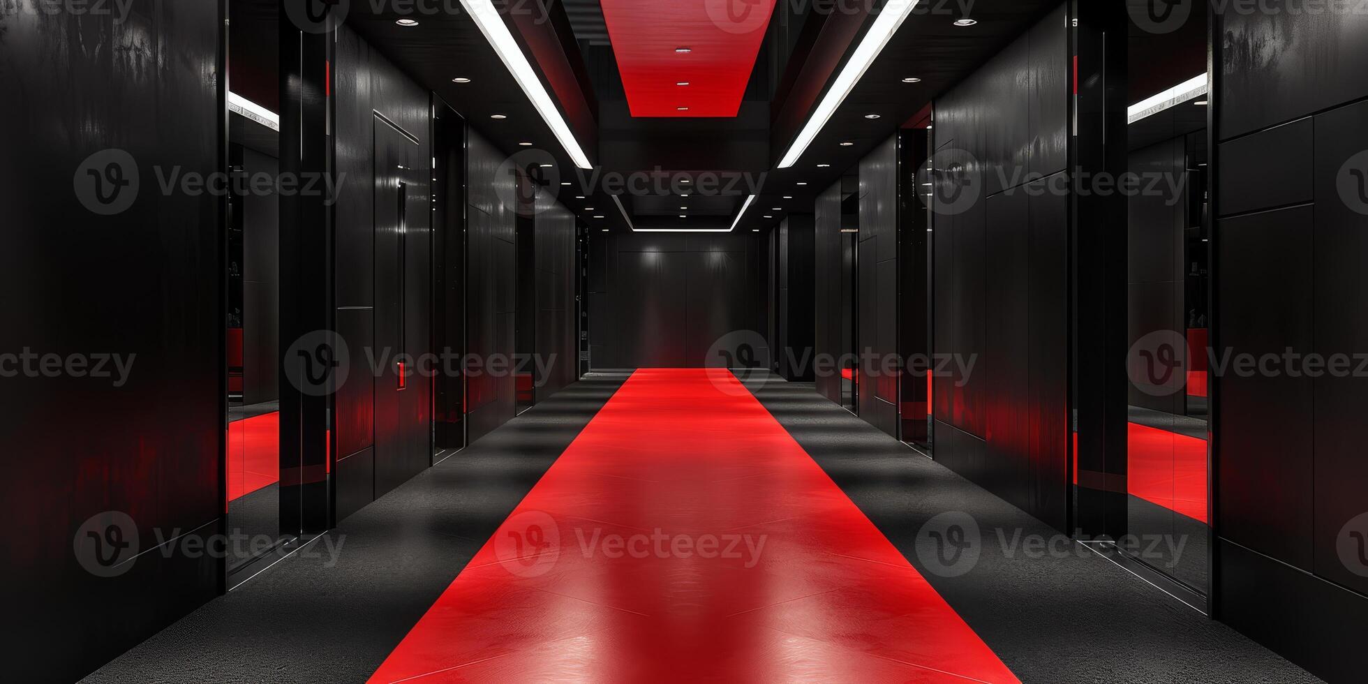 A sleek, futuristic hallway with red and black colors, enhanced by modern lighting and reflective surfaces. photo