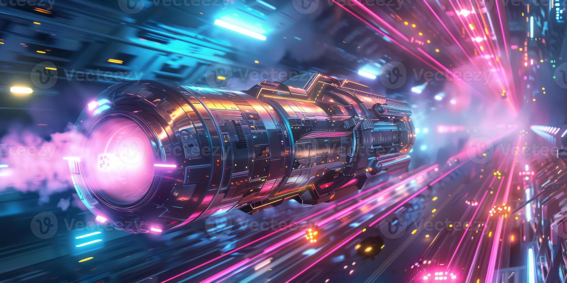 A highspeed spaceship with light trails symbolizes adventure, cosmic exploration, and futuristic technology in space photo