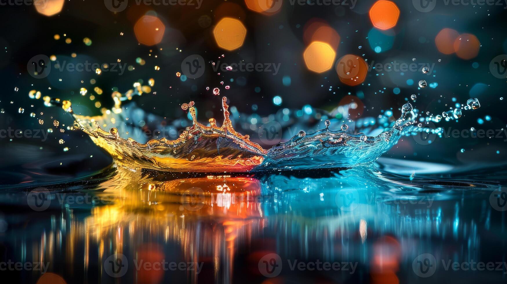 In the captivating image, a water splash is depicted in closeup, accompanied by radiant bokeh lights in the background photo