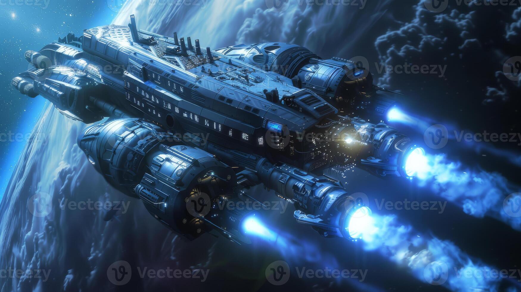 A futuristic spacecraft traveling through deep space, with thrusters glowing blue against a cosmic backdrop. photo